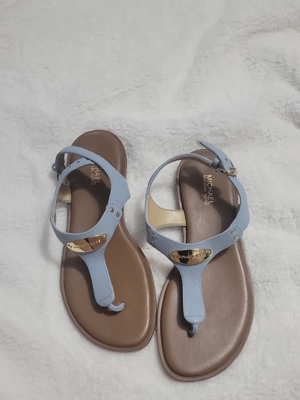 MICHAEL Michael Kors Baby Blue Leather T-Strap Sandals with Gold Accent